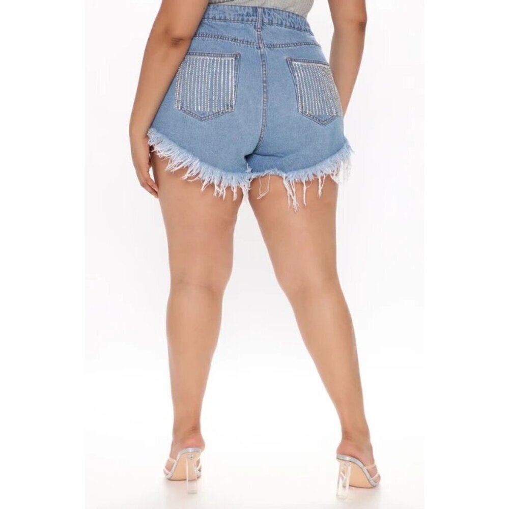 NWT Fashion Nova blue denim shorts with fringe rhinestone size L